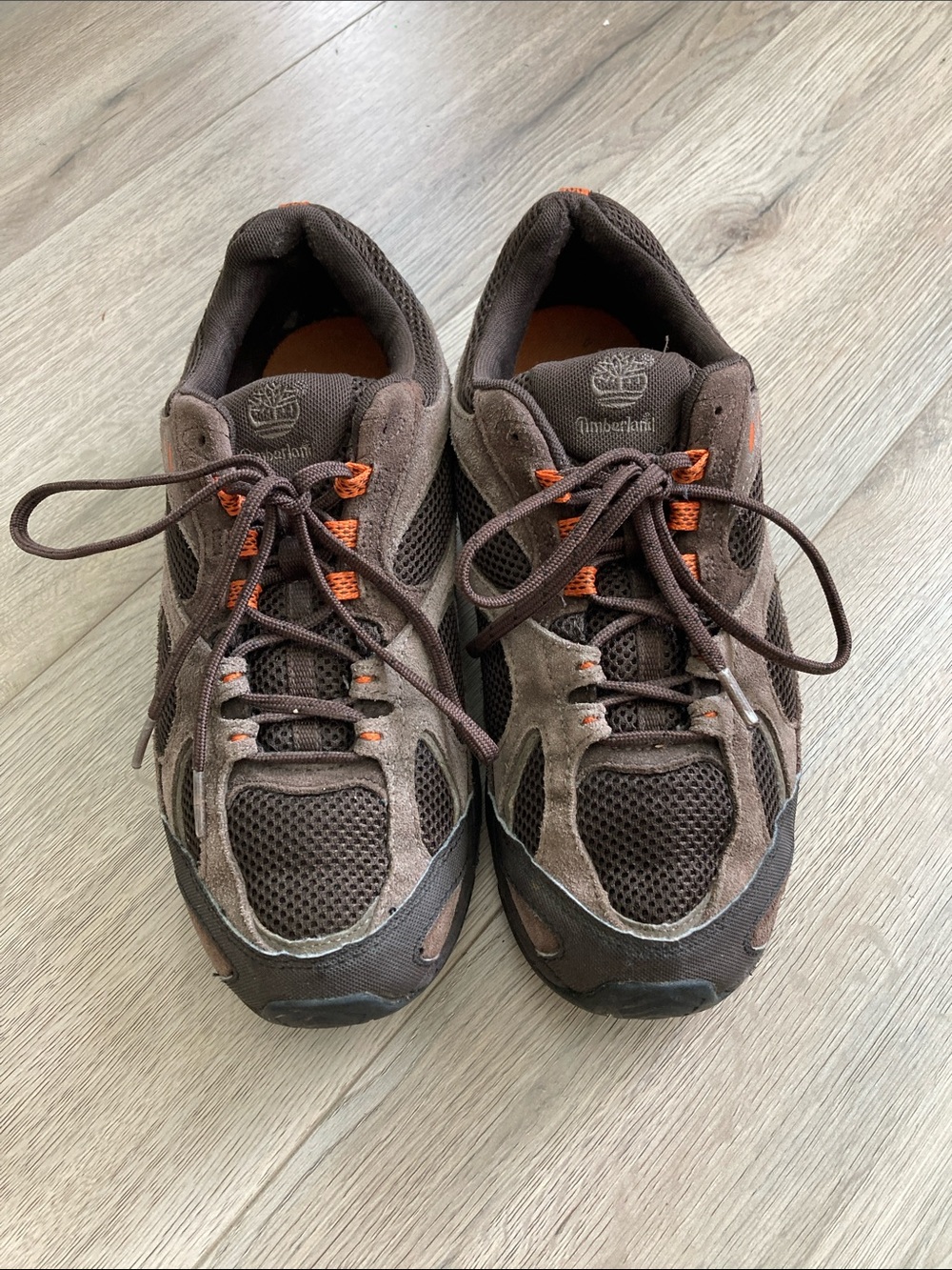 Timberland Men’s Brown Athletic Mesh & Suede Sneakers with Orange Accents